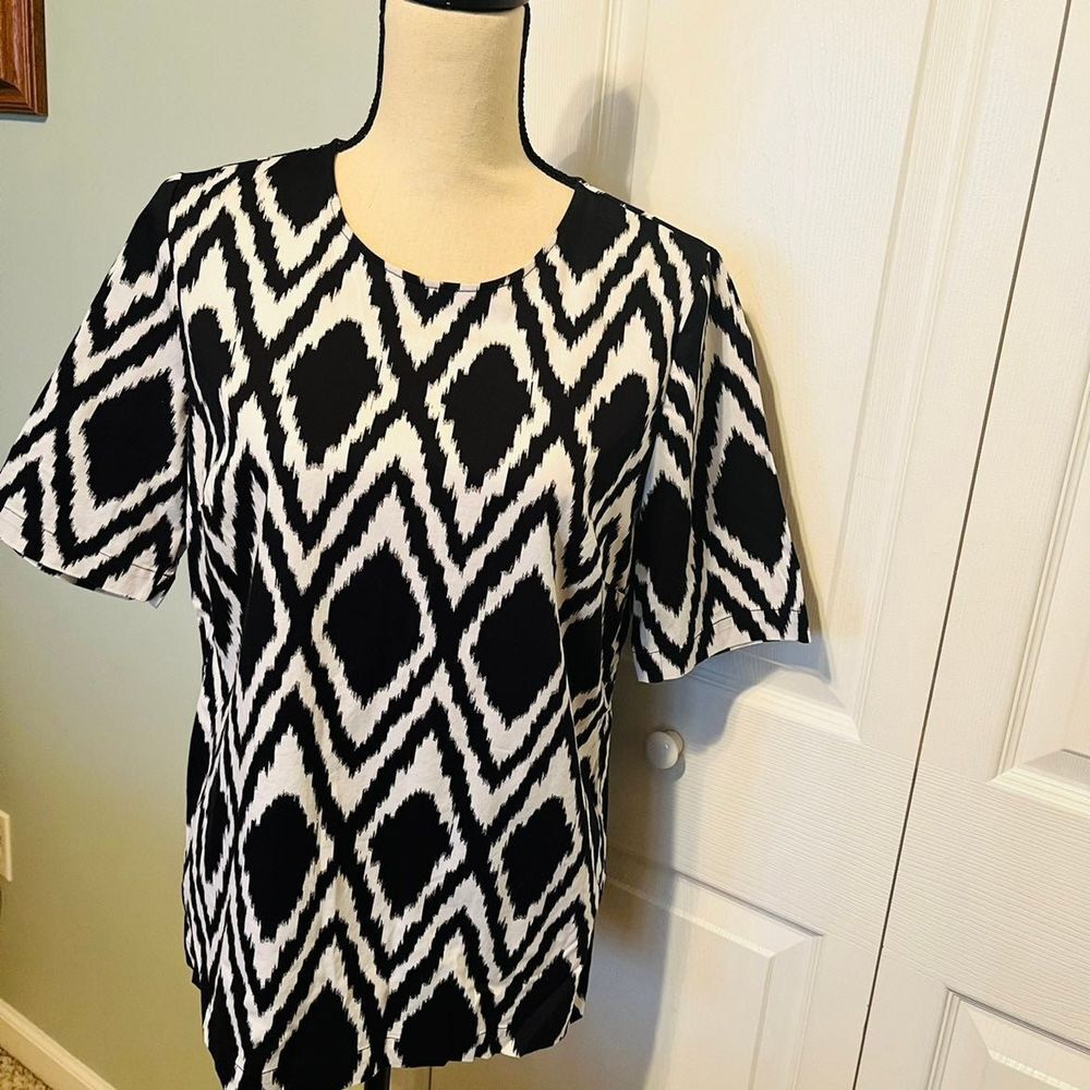 TALBOTS Womens Size 10 Black White Cotton Blouse Top Short Sleeve Popover - Picture 10 of 11